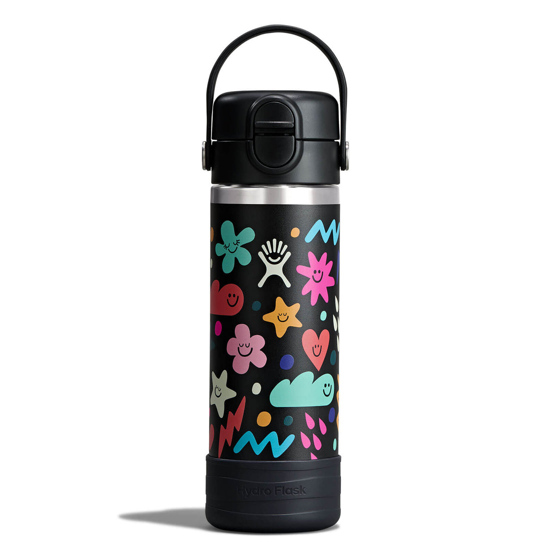 Hydro Flask Kids 18 oz Wide Mouth Bottle With Covered Straw Cap And Boot – Daydream Black front view
