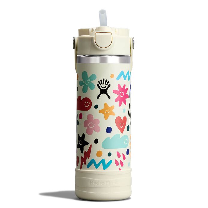 Hydro Flask Kids 18 oz Wide Mouth Bottle With Covered Straw Cap And Boot – Daydream White front view with covered cap open