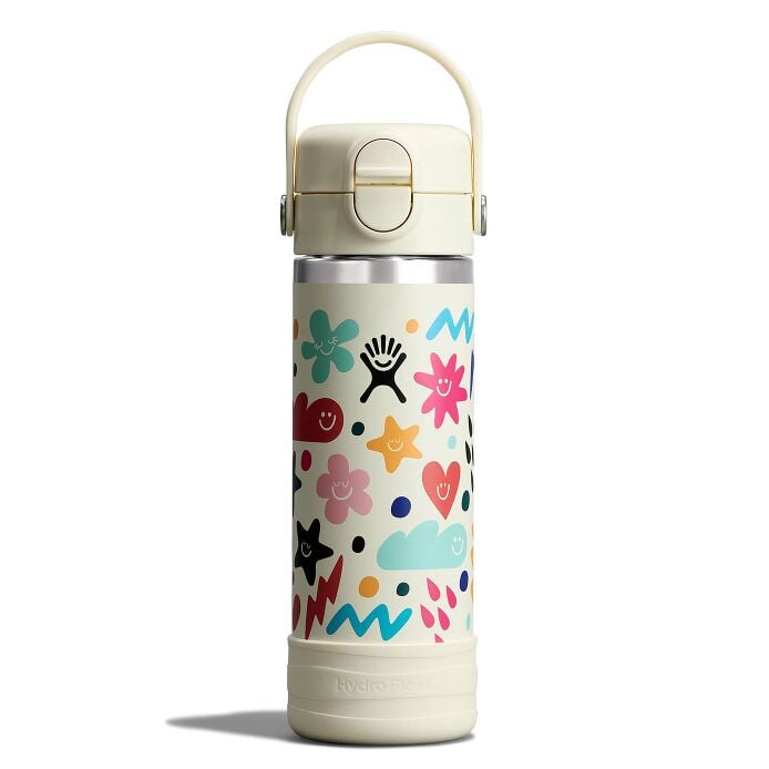 Hydro Flask Kids 18 oz Wide Mouth Bottle With Covered Straw Cap And Boot – Daydream White front view