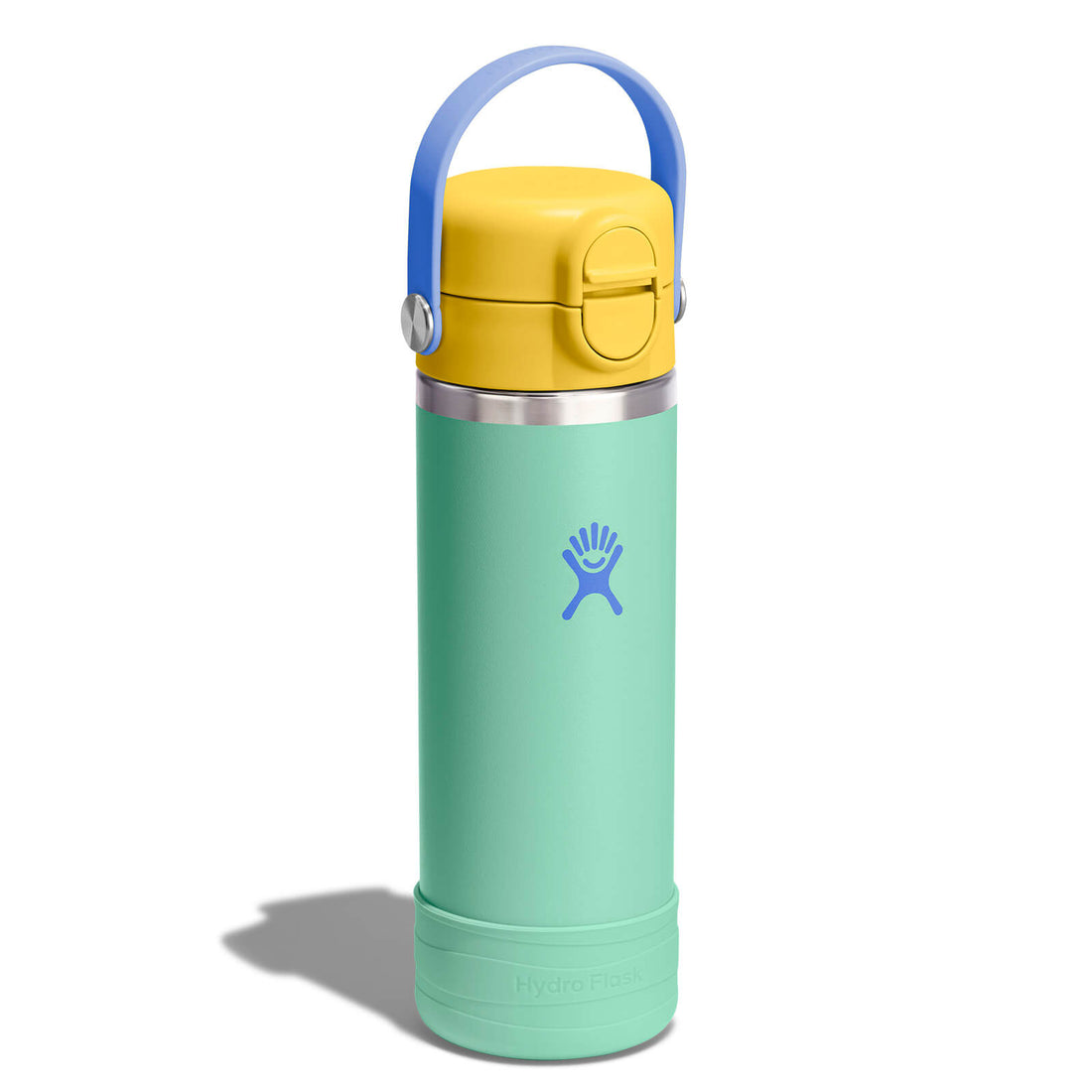 Hydro Flask Kids 18 oz Wide Mouth Bottle With Covered Straw Cap And Boot – Mermaid Green angled view