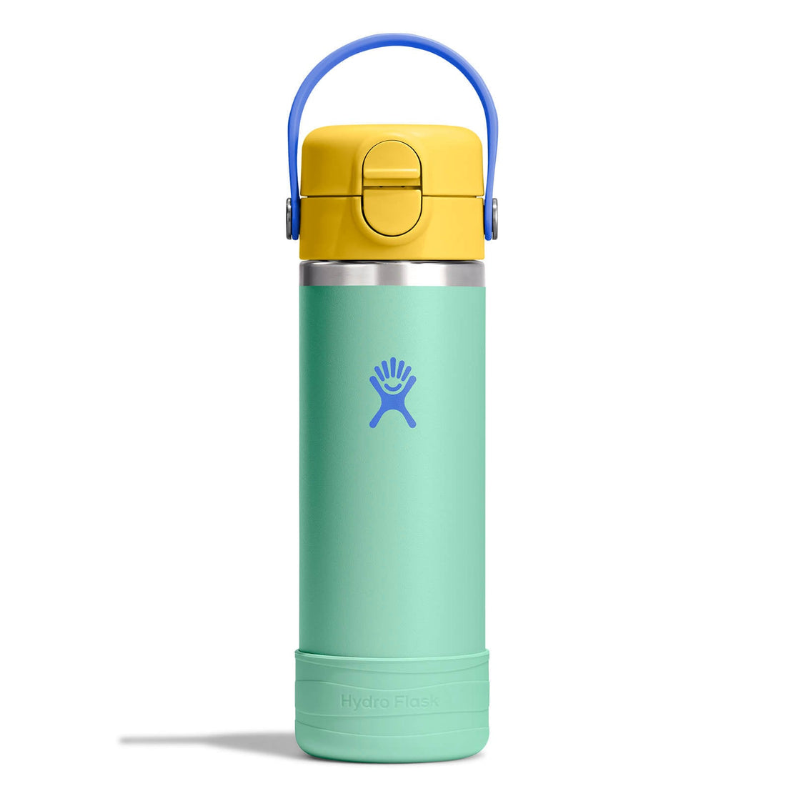 Hydro Flask Kids 18 oz Wide Mouth Bottle With Covered Straw Cap And Boot – Mermaid Green front view