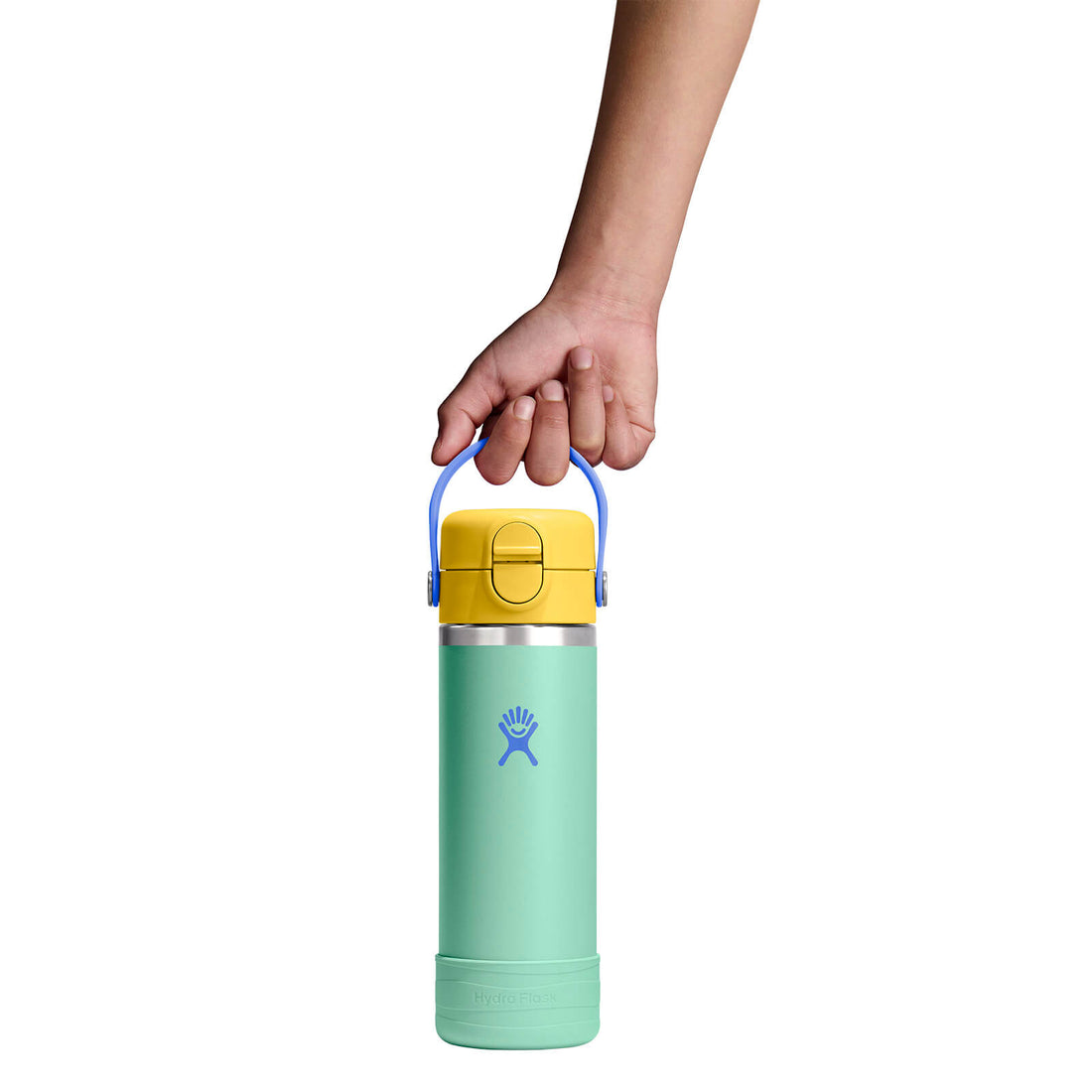 Hydro Flask Kids 18 oz Wide Mouth Bottle With Covered Straw Cap And Boot – Mermaid Green handle and boot detail