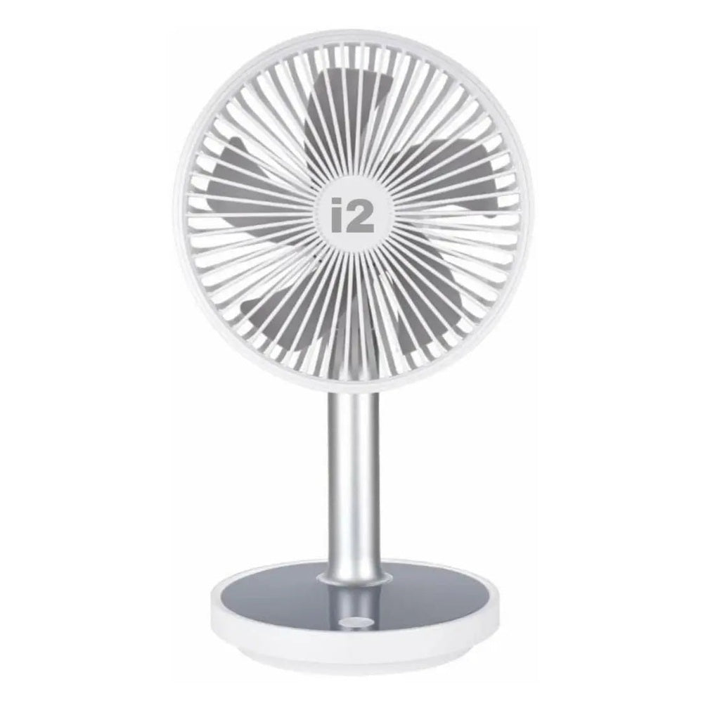 I2 Desktop 4-Speed Lithium Fan with Nightlight, silver finish, shown on its round desk base.