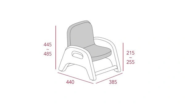 Atti R-frame drawing: 385 mm width,440 mm depth,445–485 mm overall height and 215–255 mm seat height.