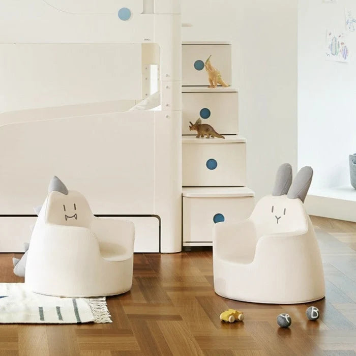 Ivory Bunny Aco beside another separately sold pointed-ear Aco character chair; one Bunny chair is supplied.