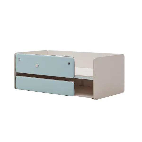 Iloom Cabin 2 Story Sliding Bed 1000W with white frame and light-blue drawers, lower drawer pulled out.