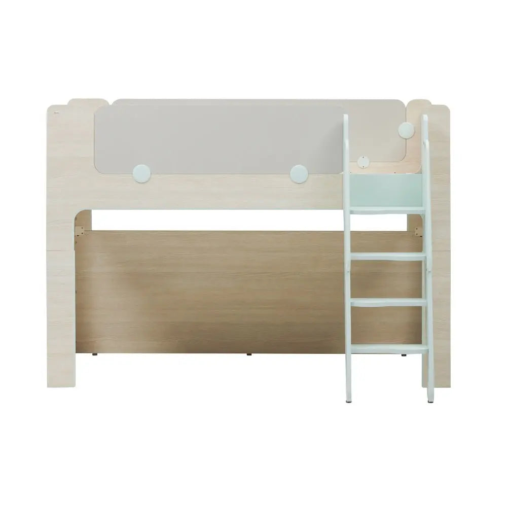 Iloom Cabin Bunk Bed (Ladder Type) in light wood with white ladder, showing top bunk rail and ladder access.