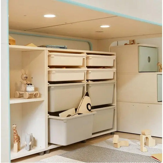 Iloom Cabin Bunk Bed (Stair Type, Lighting) in white, child climbs the stair to the bunk with built-in lighting.