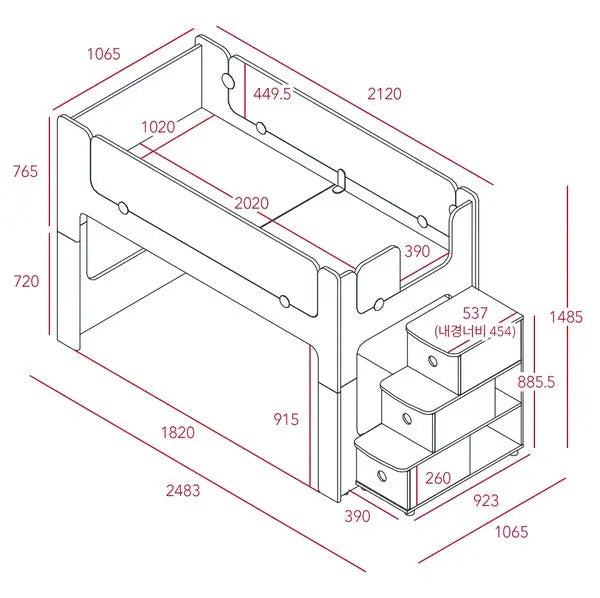 Iloom Cabin Bunk Bed (Stair Type, Lighting) featuring stair access, under-stair drawers, and upper bunk rails.