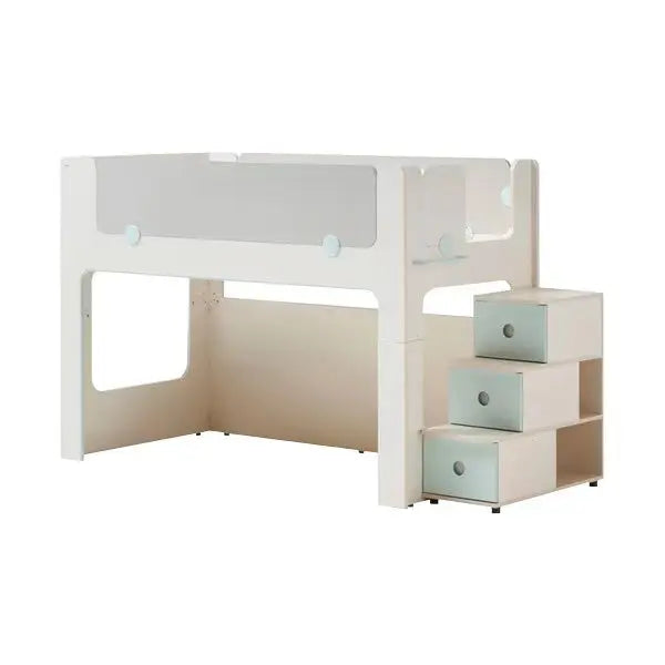 Iloom Cabin Bunk Bed in white with stair drawers on the right, showcasing built-in storage