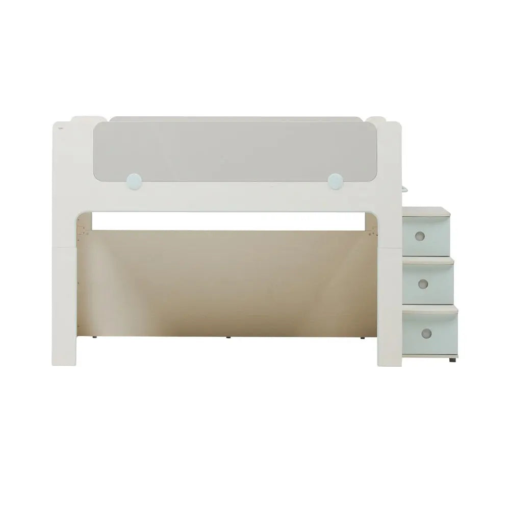 Iloom Cabin Bunk Bed (Stairs Type) in white, with three right-side drawers and stair storage visible.