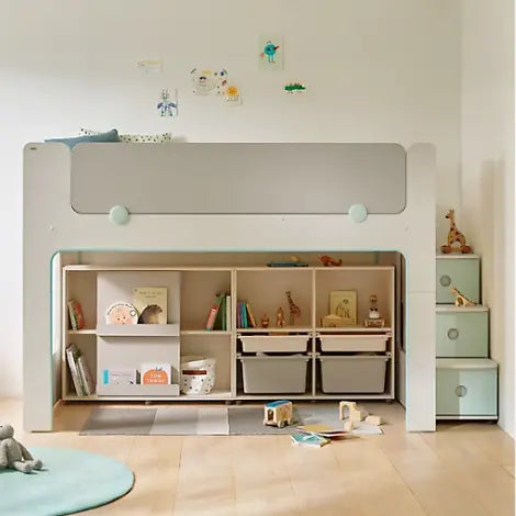 Iloom Cabin Bunk Bed (Stairs Type) in light gray, showing built-in drawers and open cubbies beneath the bed.