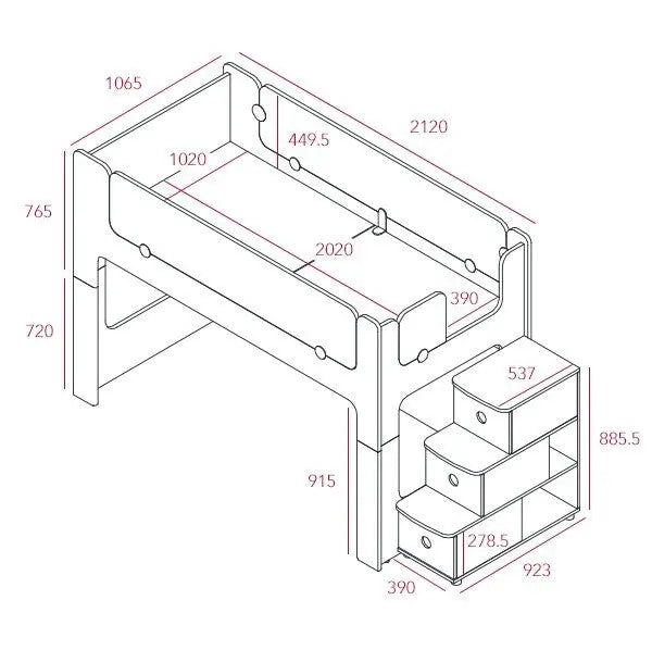 Iloom Cabin Bunk Bed (Stairs Type) wooden frame with built-in stairs and guard rails, shown beside a 3-drawer stair chest.