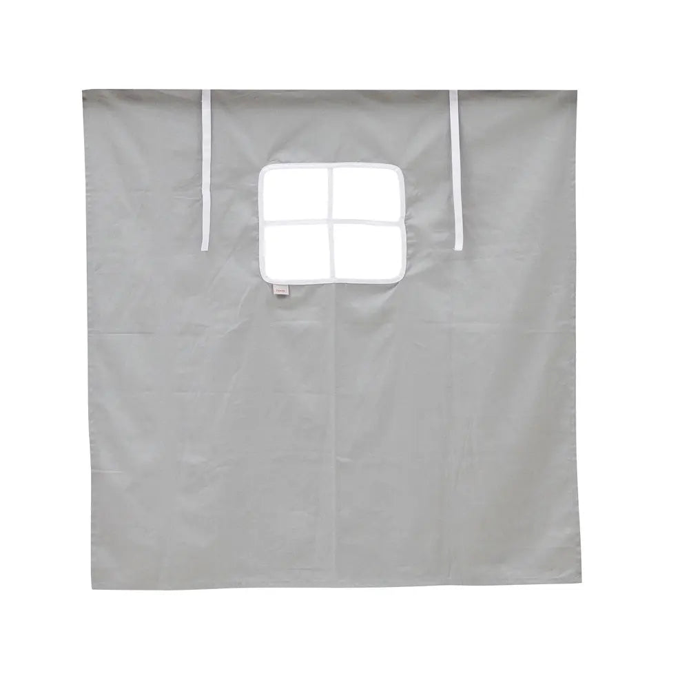 Iloom Cabin Curtain gray fabric with a square window panel; two white ties hang above, 1ea.