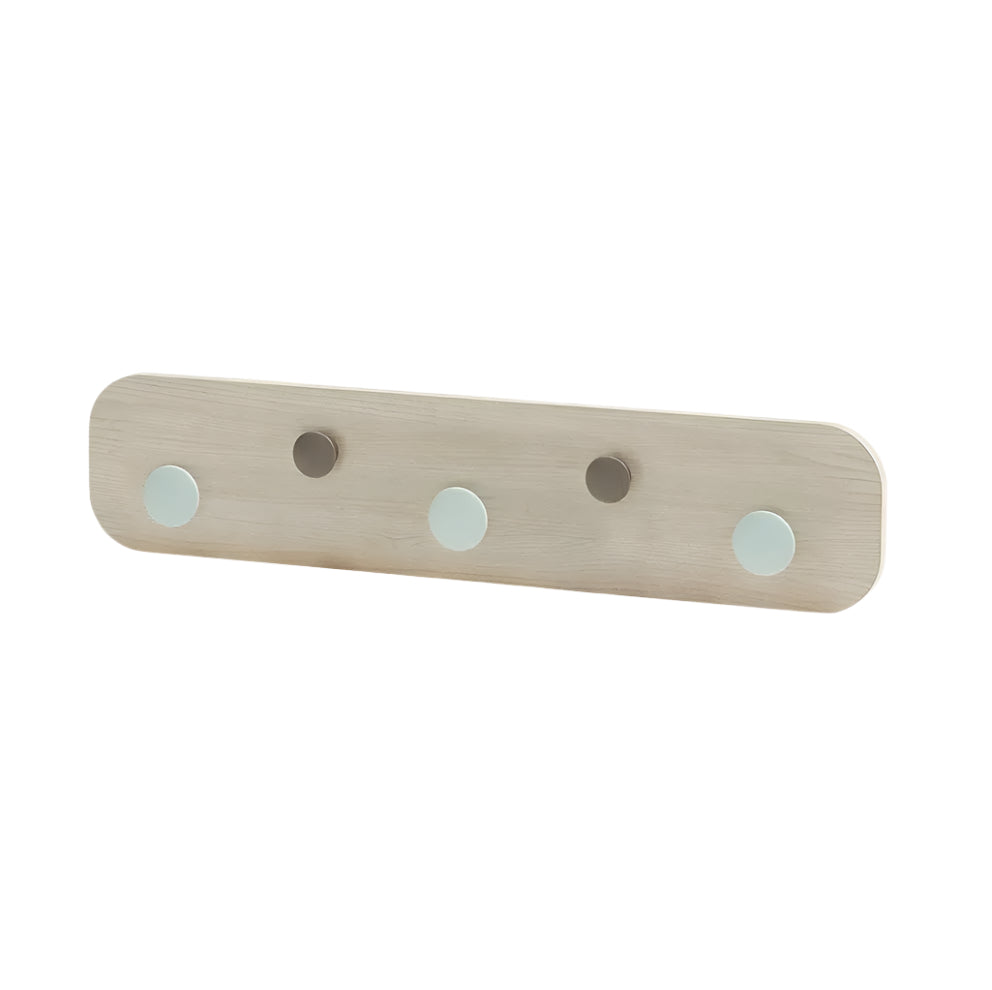 ILOOM Cabin Hanging Hanger, natural wood wall rack with four pegs (two light blue, two dark) for baby gear.