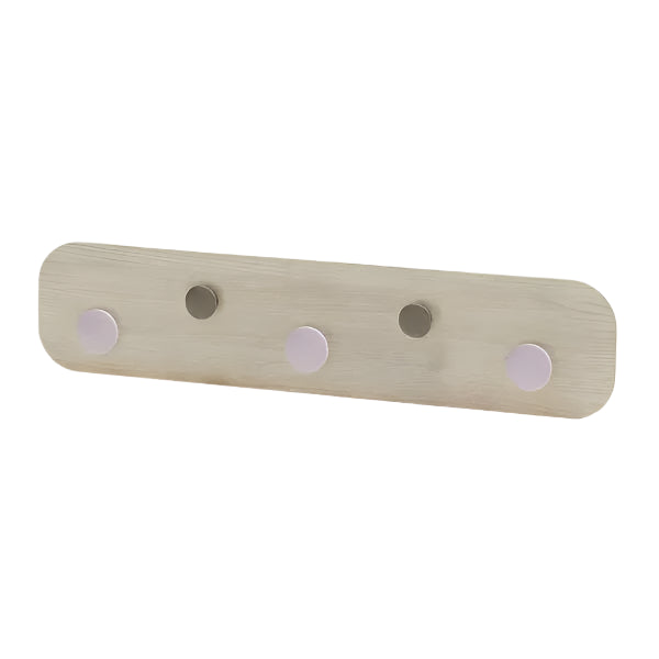 Iloom Cabin Hanging Hanger in light wood with four pink peg hooks for baby room organization.