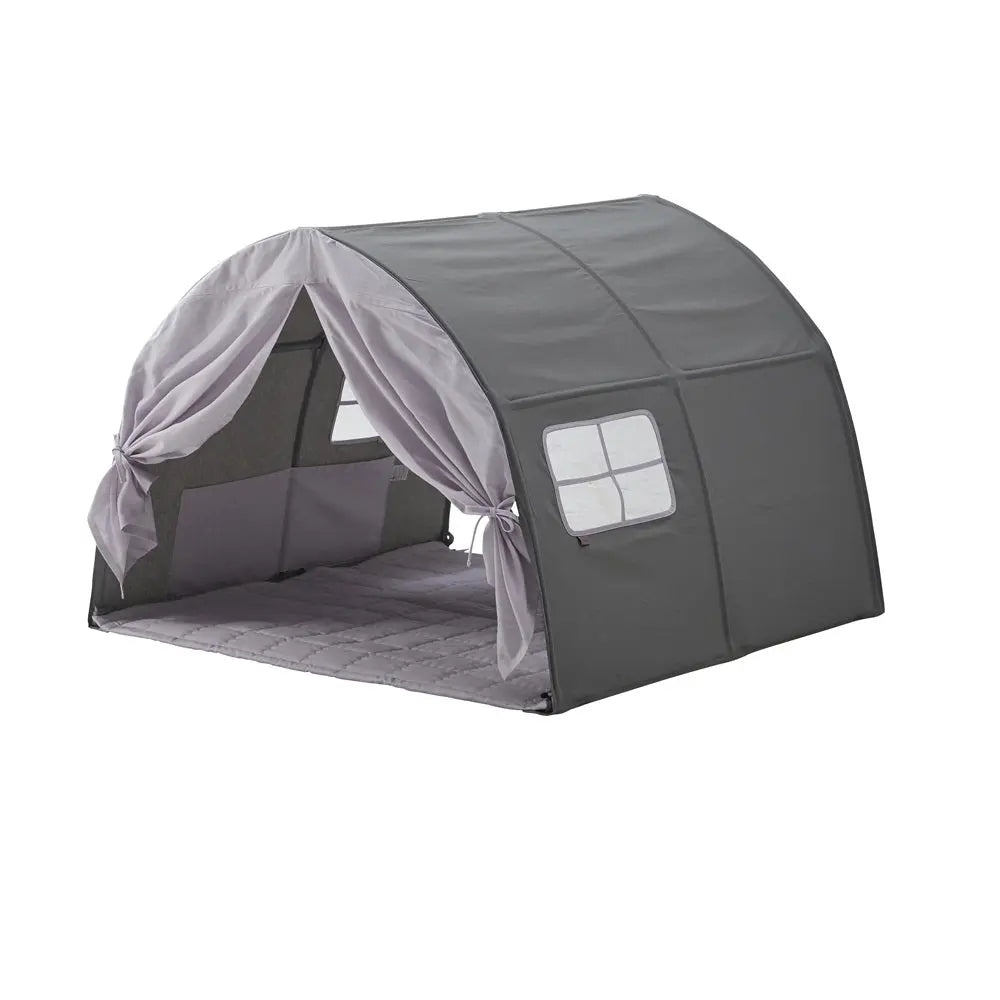 Iloom Cabin Kids Tent in grey fabric with lavender curtains, window panel, and quilted floor mat.