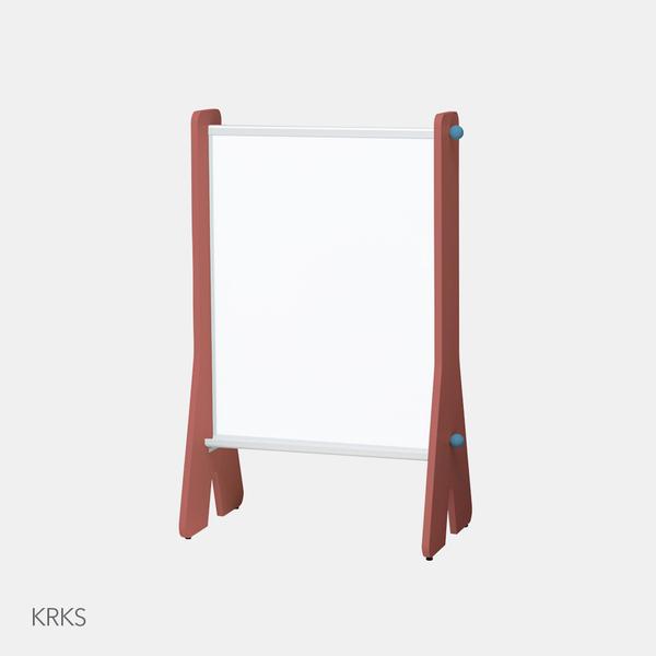 ILOOM Cabin White Board easel with red wooden frame and blue knobs, standing upright for kids' drawing.