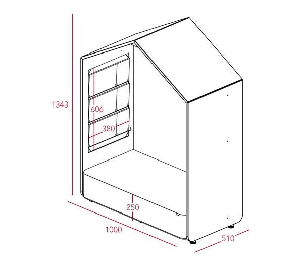 Complete Eddi reading-house diagram labelled1000mm width,510mm depth,1343mm height and separate pocket/lower annotations.