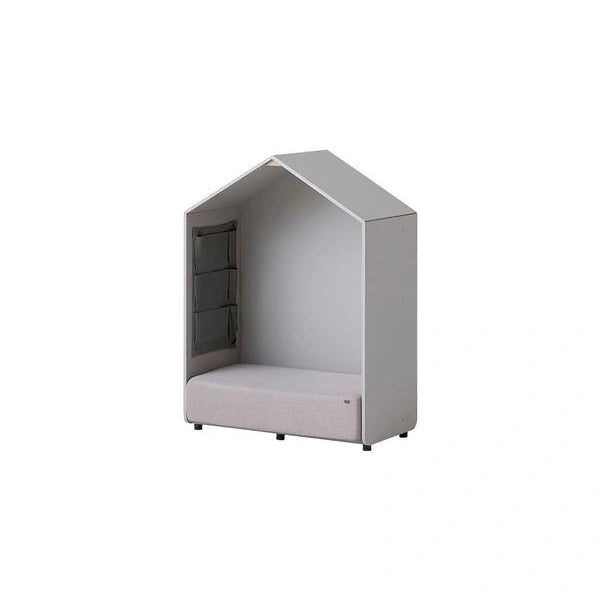 Complete manufacturer static studio photograph of the grey Eddi reading-house sofa with roof, padded seat, hanging pocket and all base feet.