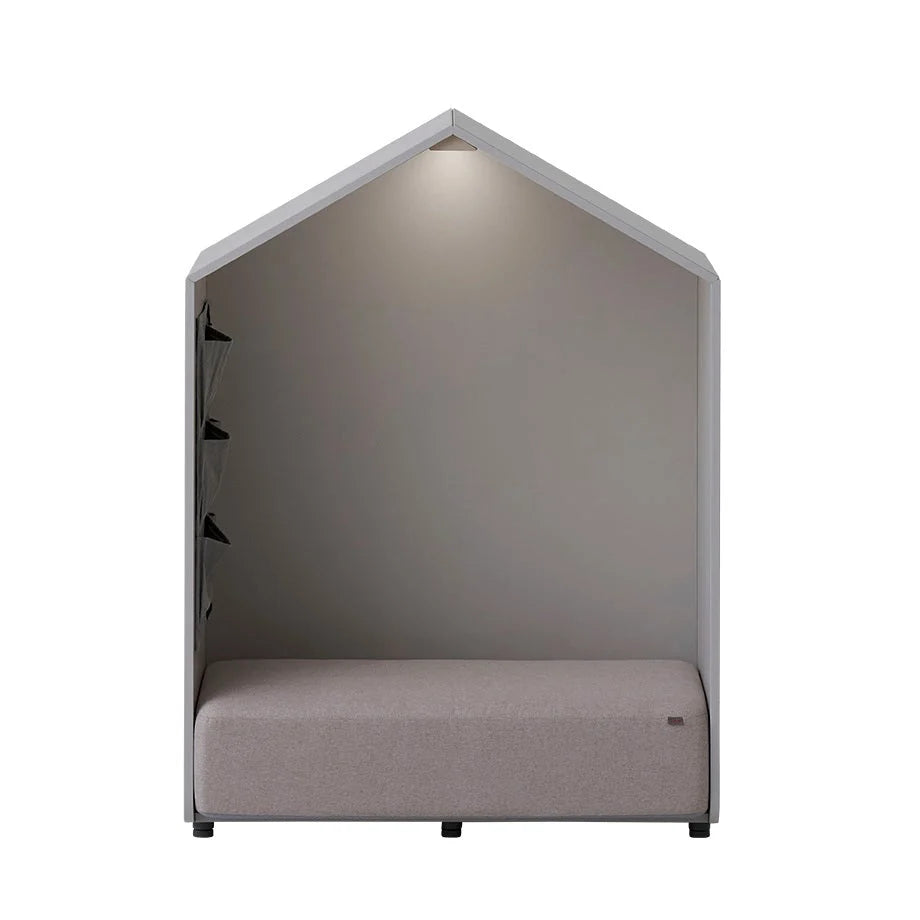 Complete front studio view of the grey Eddi reading-house sofa with roof-mounted light, padded seat, pocket and base feet.