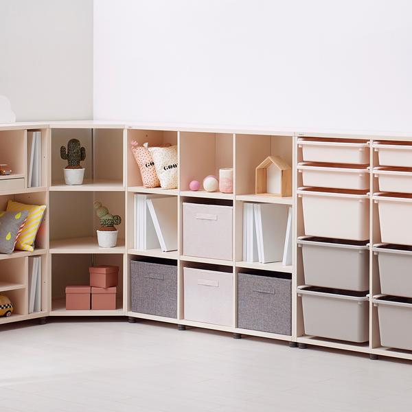 ILOOM Eddi Kids 3-Story Bookshelf 1200W in light wood with fabric storage bins and cubbies