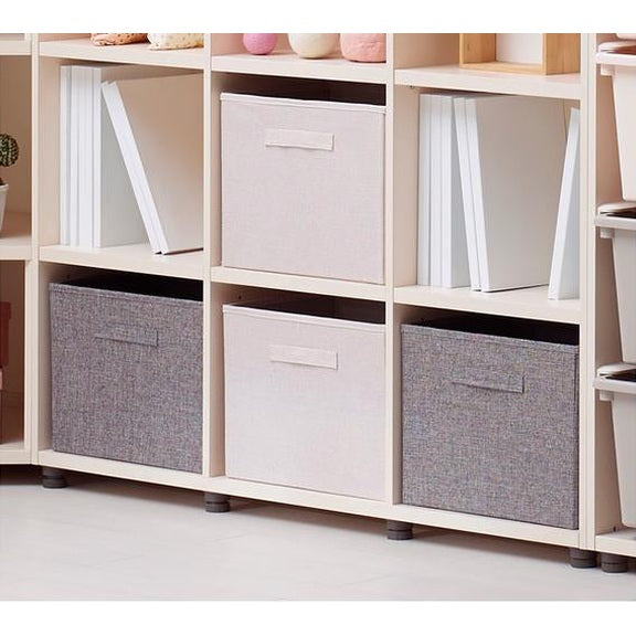 ILOOM Eddi Kids 3-Story Bookshelf with beige frame and gray fabric storage bins