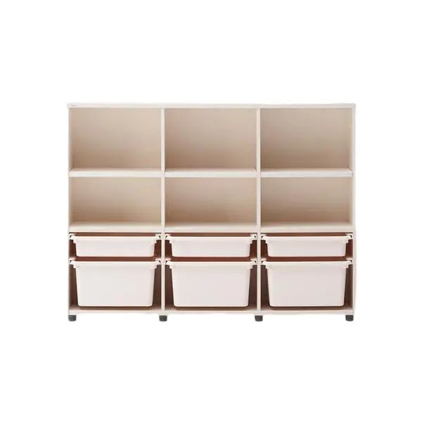 Iloom Eddi Kids 3-Story Bookshelf in white with three cubbies and three white storage bins on wheels.