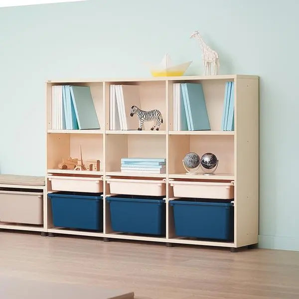 ILoom Eddi Kids 3-Story Bookshelf 1400W with blue storage boxes in a light wood finish, neatly organized.