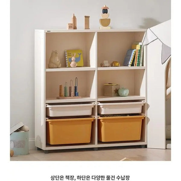 ILOOM Eddi Kids 3-Story Bookshelf in white with orange bins; open shelves neatly display books and toys.