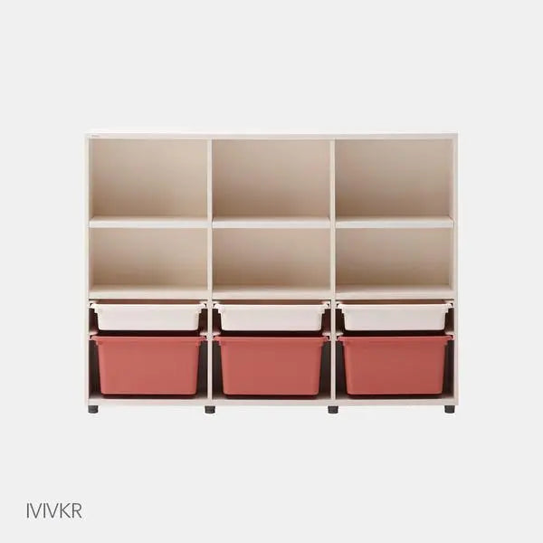 ILOOM Eddi Kids 3 Story Bookshelf 1400W with white frame and red storage bins; three white trays sit above the red bins.