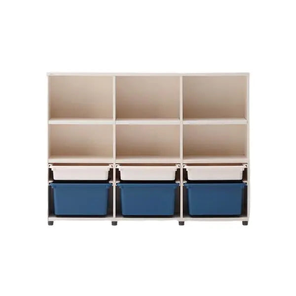 Iloom Eddi Kids 3-Story Bookshelf with blue storage bins neatly tucked into the bottom cubbies.