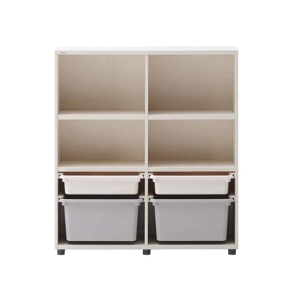 ILOOM Eddi Kids 3-Story Bookshelf with Box Storage; white frame and two white + two gray bins shown.