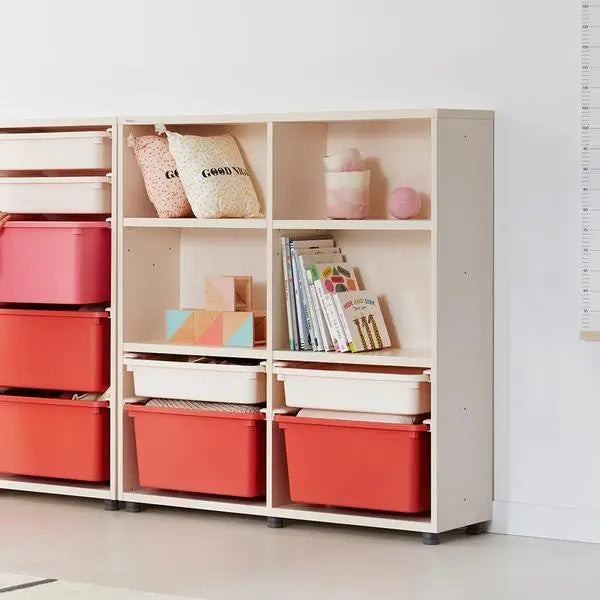 ILOOM Eddi Kids 3-Story Bookshelf, three-unit setup with red bins and white shelves organizing books.