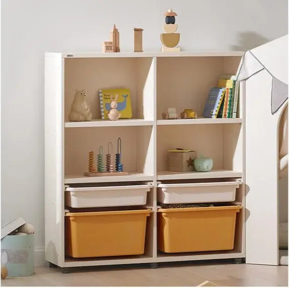 Iloom Eddi Kids 3-Story Bookshelf, white frame with orange storage bins, neatly organizing toys and books.