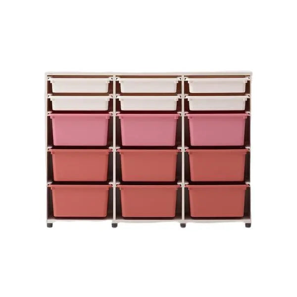 Iloom Eddi Kids 3 Story Cabinet with white frame and 12 pink/peach storage bins arranged in four rows.