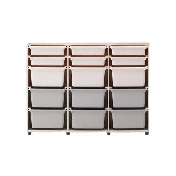 Iloom Eddi Kids 3 Story Cabinet with 12 white storage bins and caster wheels.