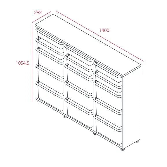 Iloom Eddi Kids 3-Story Cabinet 1400W with 12 pull-out boxes, shown as a tidy white unit.