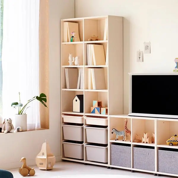Iloom Eddi Kids 6-Story Bookshelf in light wood with bins and toys on open shelves for organized storage.