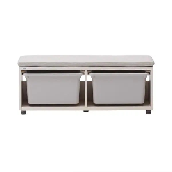 Iloom Eddi Kids Bench 950W with dual white storage bins under a white finish to organize toys.