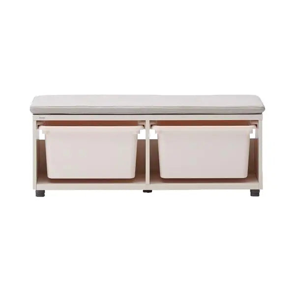 Iloom Eddi Kids Bench 950W with dual white storage bins in a light wood frame and cushioned top.