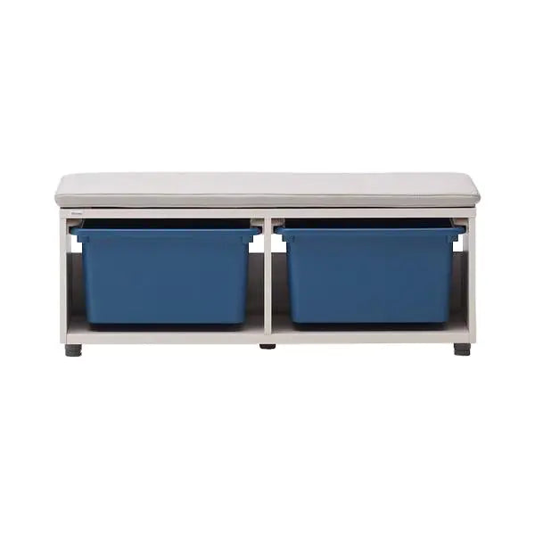 Iloom Eddi Kids Bench 950W with dual blue storage boxes tucked under white cushioned seat.