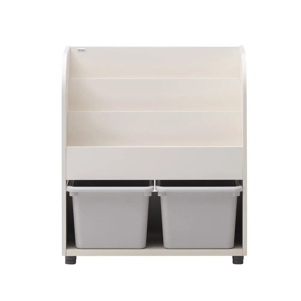 ILOOM Eddi Kids Bookshelf in white with three open shelves and two gray bins tucked in below