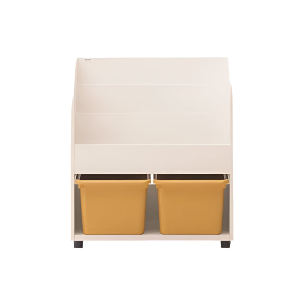 Iloom Eddi Kids Bookshelf in white, with two yellow storage bins at the bottom for a cozy reading nook