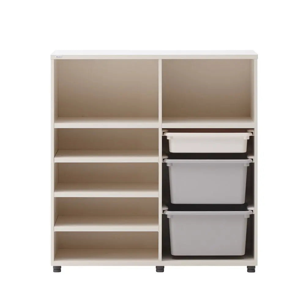 Iloom Eddi Kids Bookshelf With Toy Storage white unit with left open shelves and three gray bins