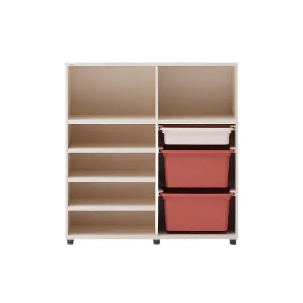 Iloom Eddi Kids Bookshelf With Toy Storage, white wood unit with open left shelves and three pullable bins (white top, red bottom).
