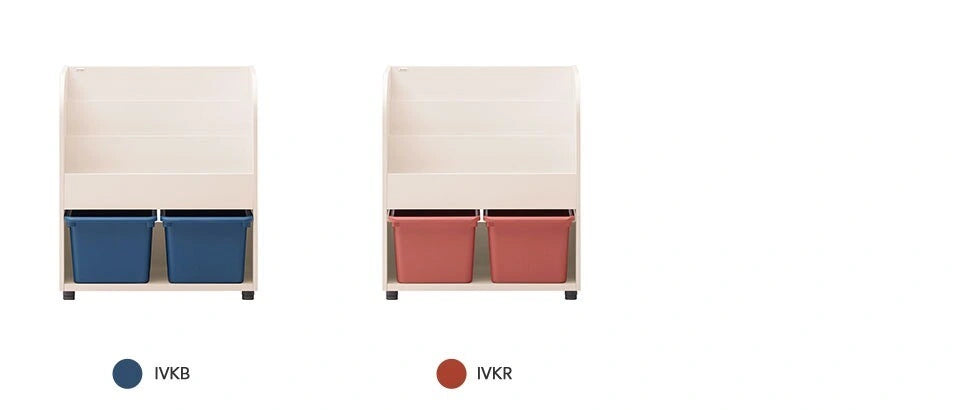 Complete product views and finish-code headings for Blue IVKB and Red IVKR Eddi Kids front-facing bookcases.