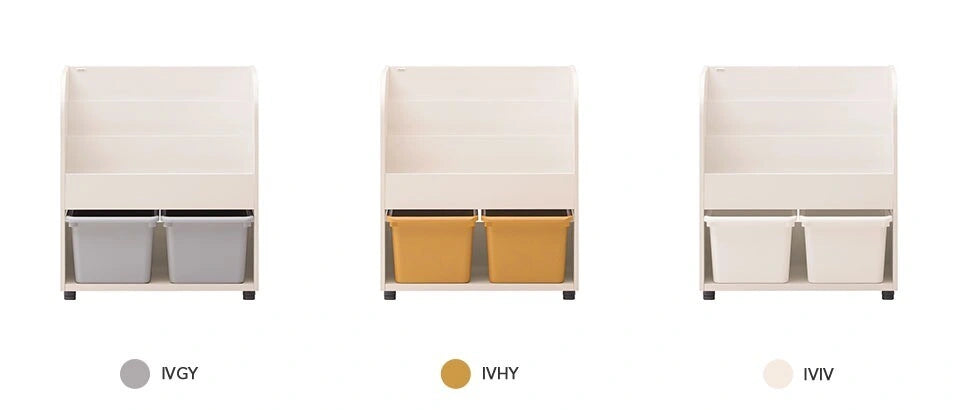 Complete product views and finish-code headings for Grey IVGY, Yellow IVHY and Ivory IVIV Eddi Kids front-facing bookcases.