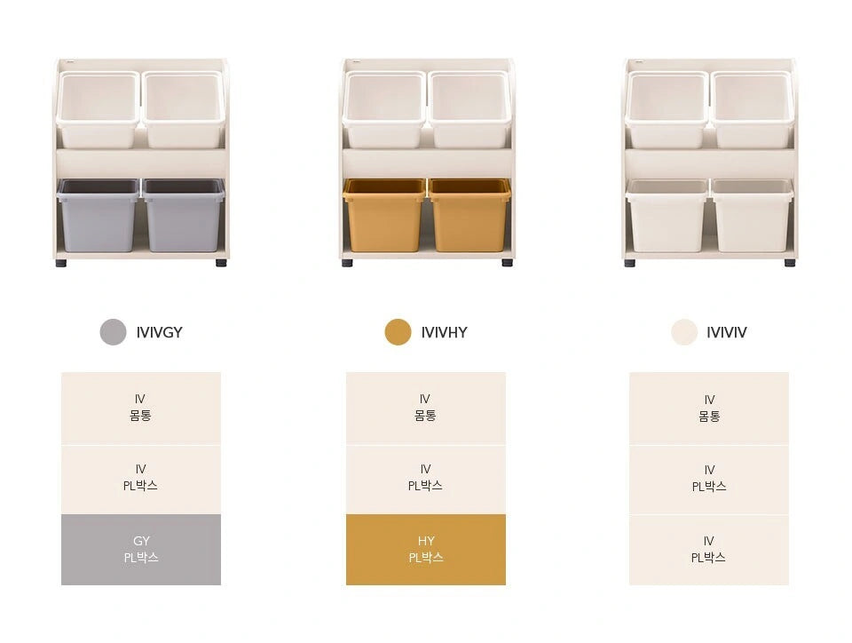 Grey IVIVGY, Yellow IVIVHY and Ivory IVIVIV toy-storage configurations, with ivory upper bins.