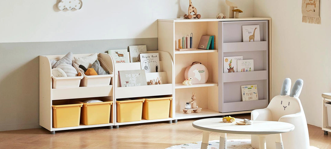 Four-bin Eddi Kids toy storage at the left of a coordinated yellow-bin room arrangement; other furniture and contents are separate.